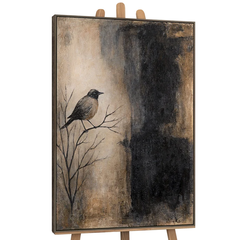 Handgemaltes Bild mit Rahmen „Ast und Schatten“ – Moderner Wanddeko in Beige und Schwarz