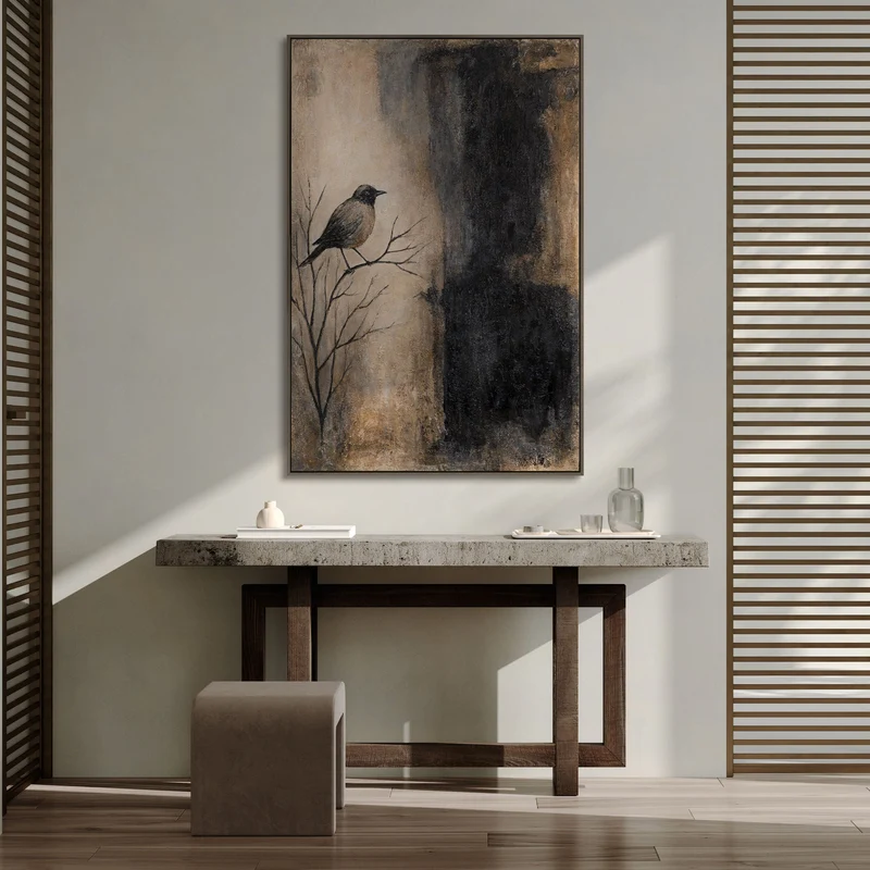 Handgemaltes Bild mit Rahmen „Ast und Schatten“ – Moderner Wanddeko in Beige und Schwarz