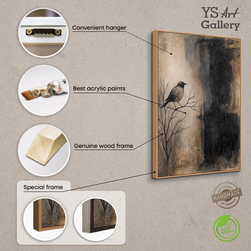 Handgemaltes Bild mit Rahmen „Ast und Schatten“ – Moderner Wanddeko in Beige und Schwarz
