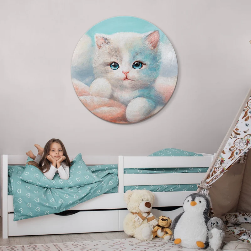 Rundes Acrylbild „Flauschig" – handgemaltes Kätzchen fürs Kinderzimmer, Ø 60–100 cm