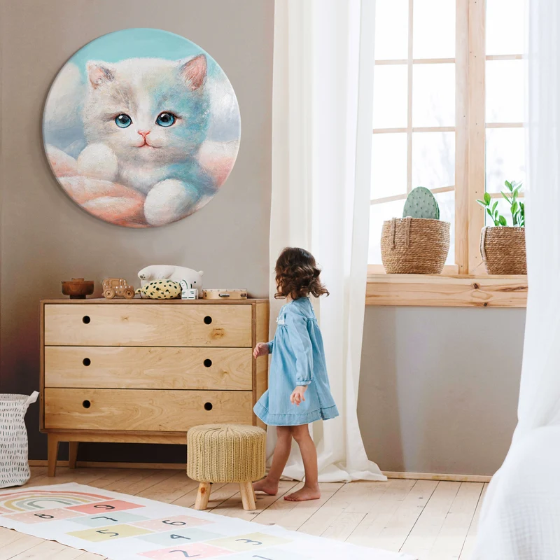 Rundes Acrylbild „Flauschig" – handgemaltes Kätzchen fürs Kinderzimmer, Ø 60–100 cm