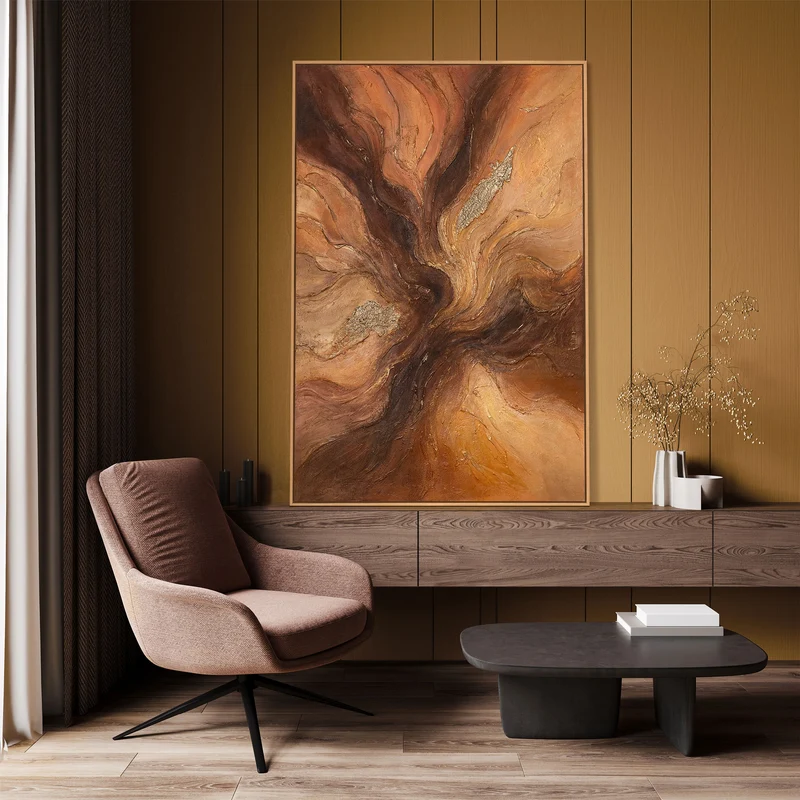 Handgemaltes Leinwandbild mit Rahmen „Amber Streams“ – Moderne Wandkunst mit Struktur