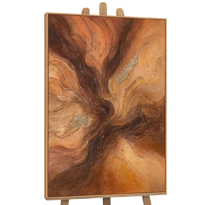 Handgemaltes Leinwandbild mit Rahmen „Amber Streams“ – Moderne Wandkunst mit Struktur
