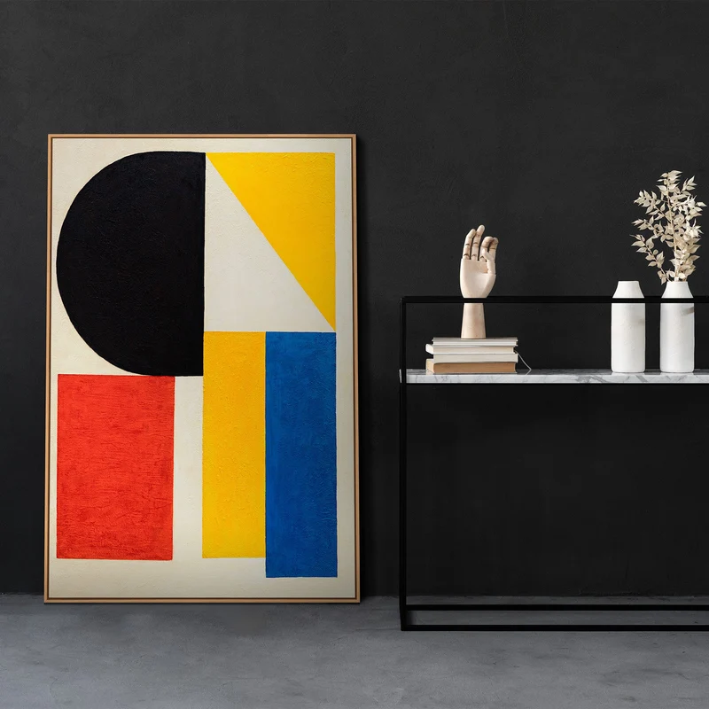 Moderne Acrylmalerei mit Rahmen „Kontraste“ – Abstrakte geometrische Formen auf Leinwand