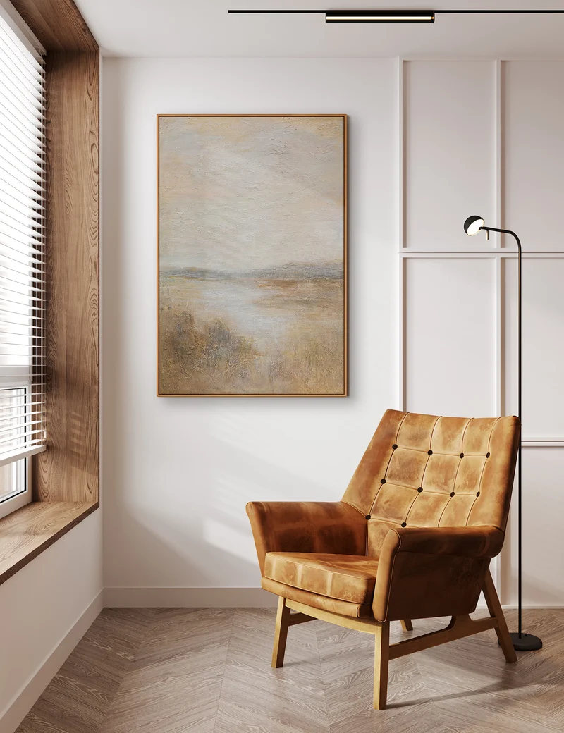 Moderne Gemälde mit Rahmen „Nebeliger Morgen“ – Struktur Acrylbild auf Leinwand