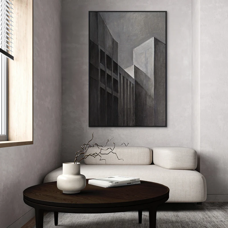 Gemälde Abstrakt mit Rahmen „Stadtkonturen“ – Moderne Acrylmalerei in Grau & Schwarz
