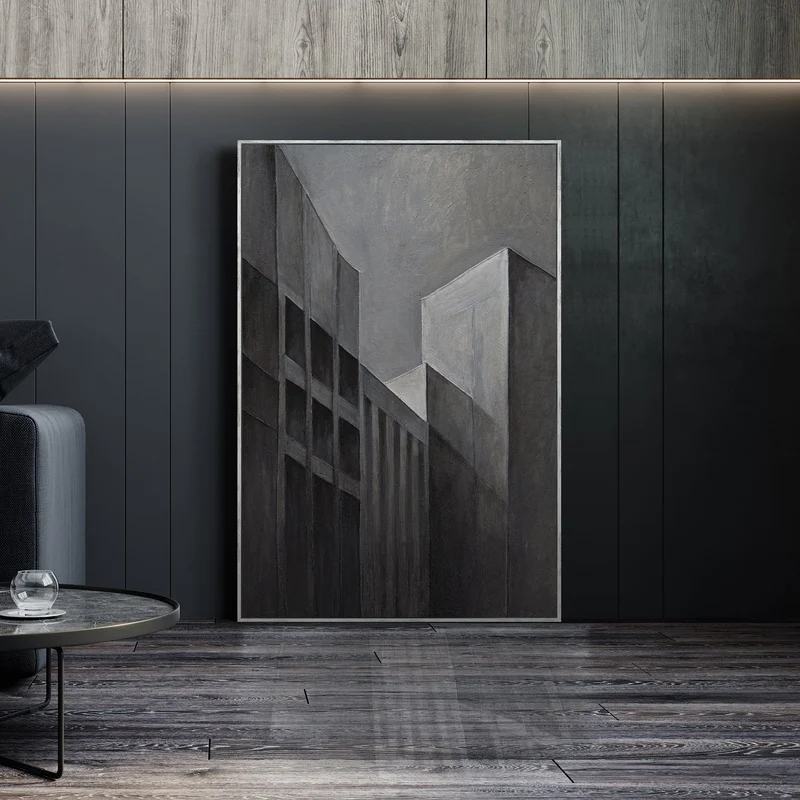 Gemälde Abstrakt mit Rahmen „Stadtkonturen“ – Moderne Acrylmalerei in Grau & Schwarz
