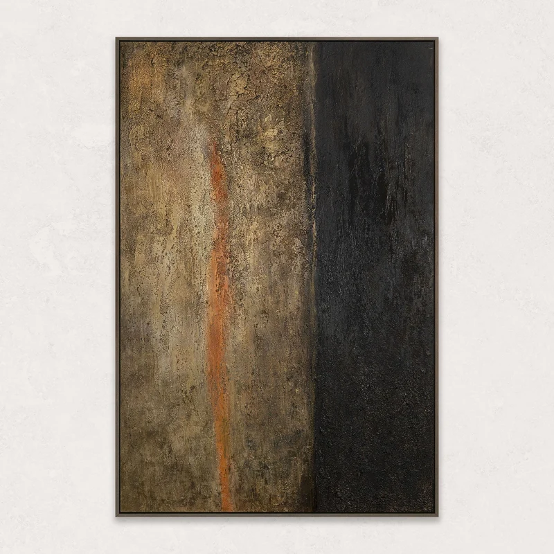 Leinwandbild mit Rahmen „Tiefe der Zeit“ – Abstraktes Acrylgemälde in Gold und Schwarz