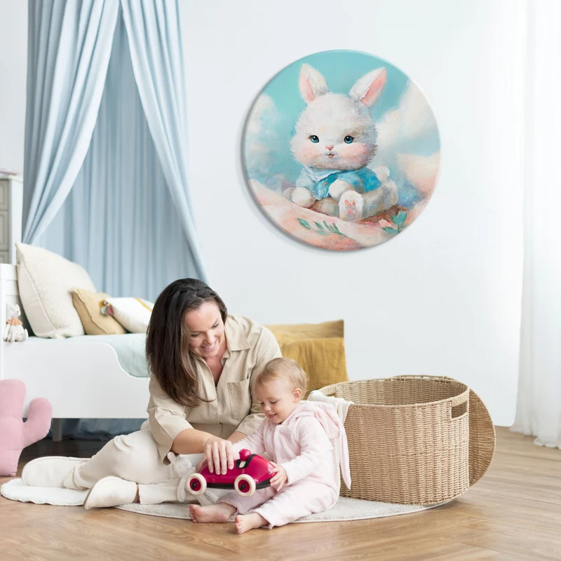 Rundes Acrylbild „Bunny" – handgemalter Hase fürs Kinderzimmer, Ø 60–100 cm