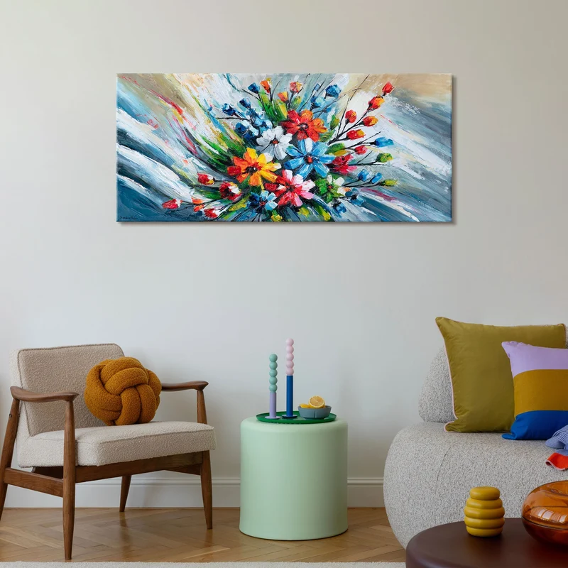 Abstraktes Acrylbild Blumen – handgemalte florale Wanddeko auf Leinwand "Heller Strauß" 115x50cm