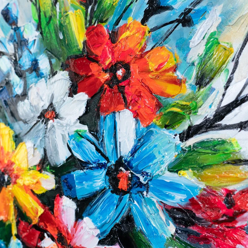 Abstraktes Acrylbild Blumen – handgemalte florale Wanddeko auf Leinwand "Heller Strauß" 115x50cm