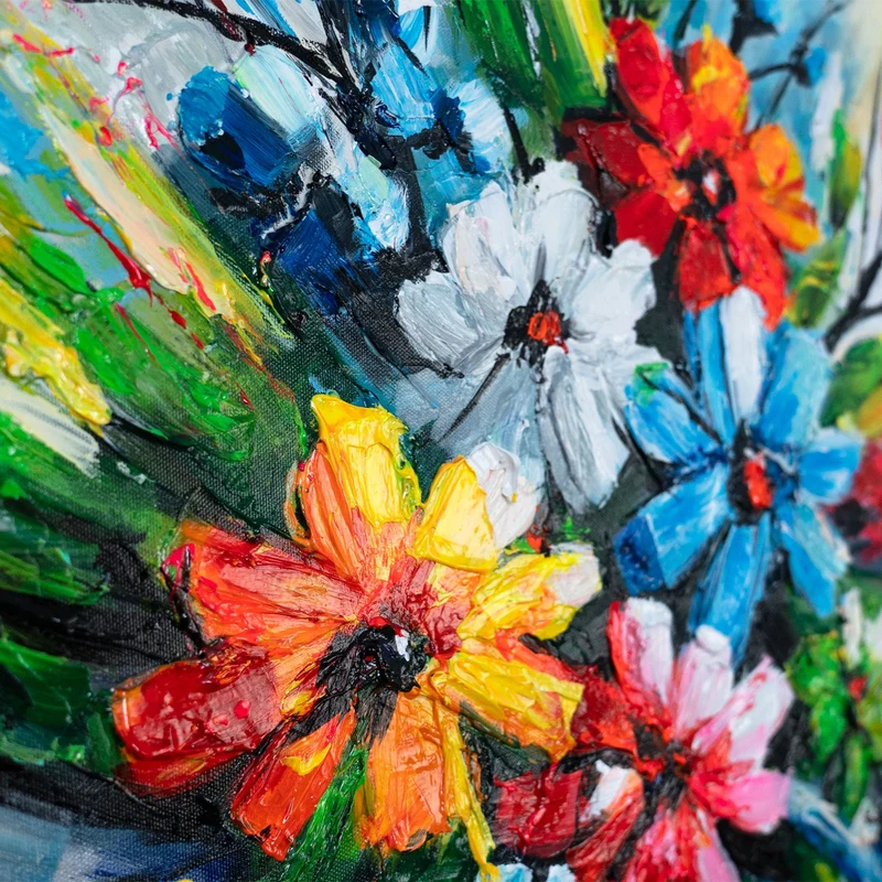 Abstraktes Acrylbild Blumen – handgemalte florale Wanddeko auf Leinwand "Heller Strauß" 115x50cm