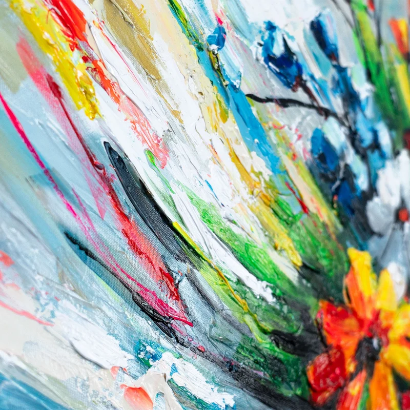 Abstraktes Acrylbild Blumen – handgemalte florale Wanddeko auf Leinwand "Heller Strauß" 115x50cm