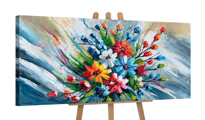 Abstraktes Acrylbild Blumen – handgemalte florale Wanddeko auf Leinwand "Heller Strauß" 115x50cm