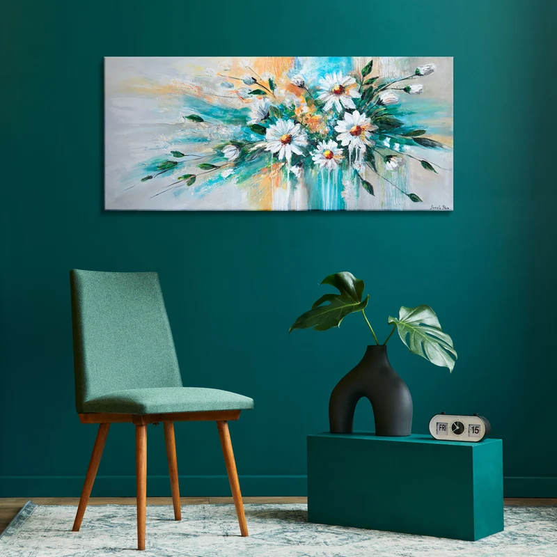 Abstraktes Blumenbild auf Leinwand – moderne Kunst "Sonnige Gänseblümchen" 115x50cm