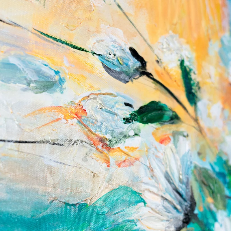 Abstraktes Blumenbild auf Leinwand – moderne Kunst "Sonnige Gänseblümchen" 115x50cm