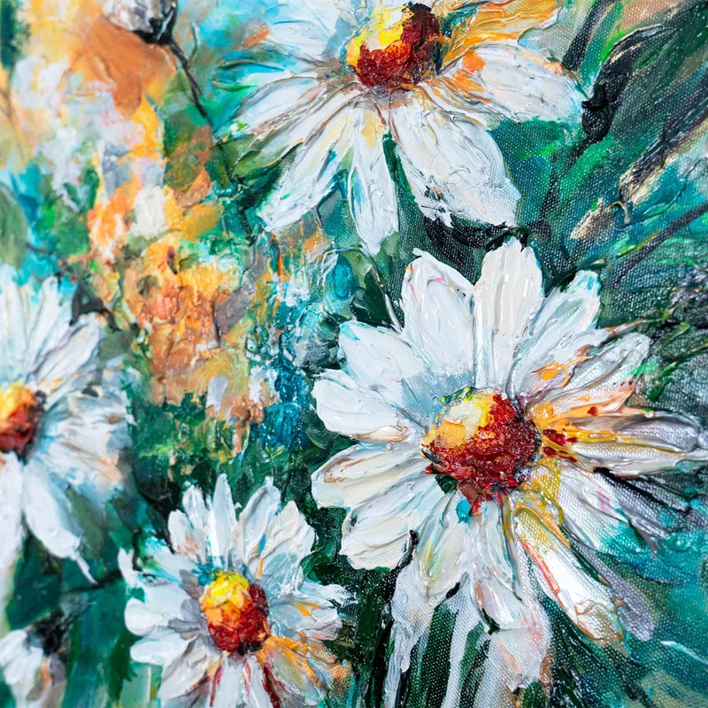 Abstraktes Blumenbild auf Leinwand – moderne Kunst "Sonnige Gänseblümchen" 115x50cm