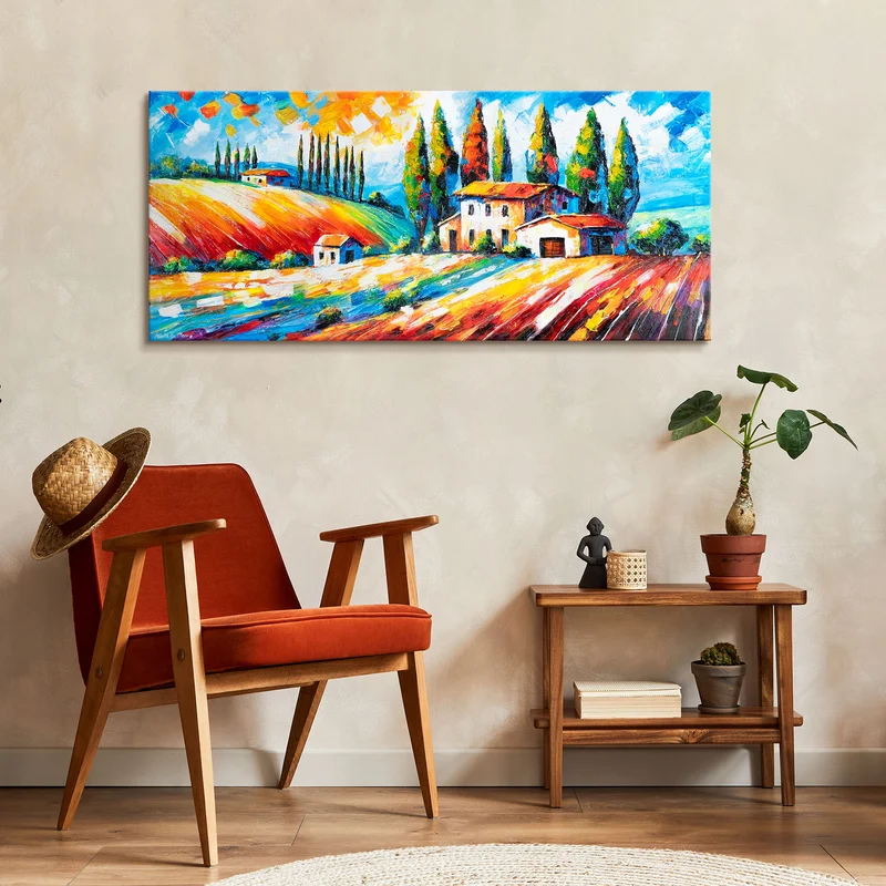 Moderne Wanddeko Landschaft – Acrylgemälde handgemalt "Blühende Felder" 115x50cm