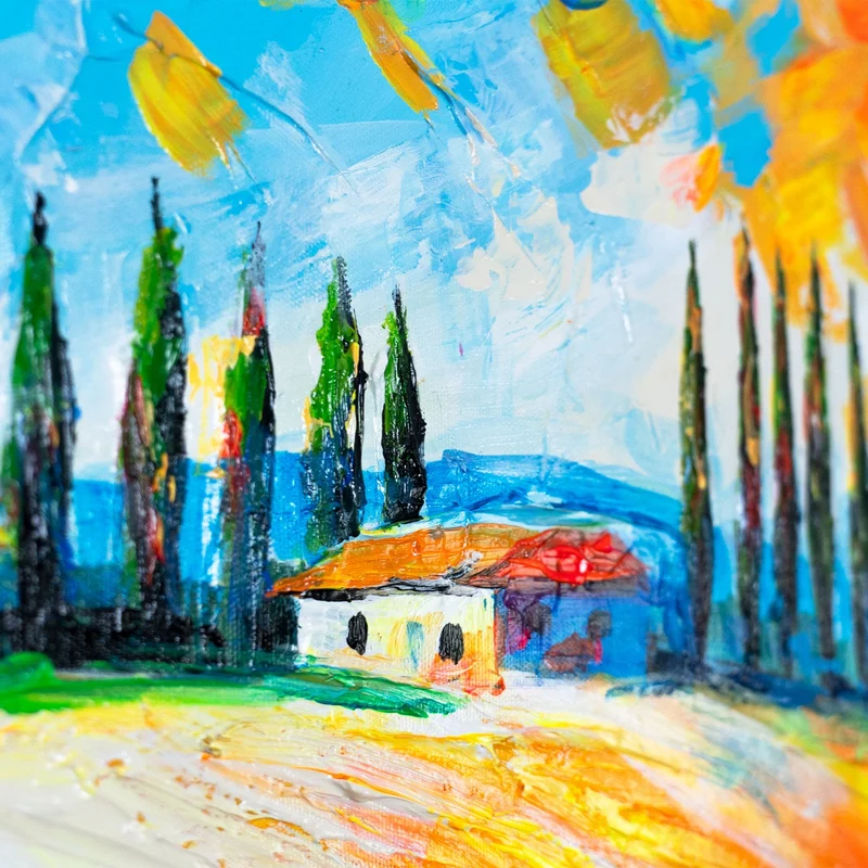 Moderne Wanddeko Landschaft – Acrylgemälde handgemalt "Blühende Felder" 115x50cm