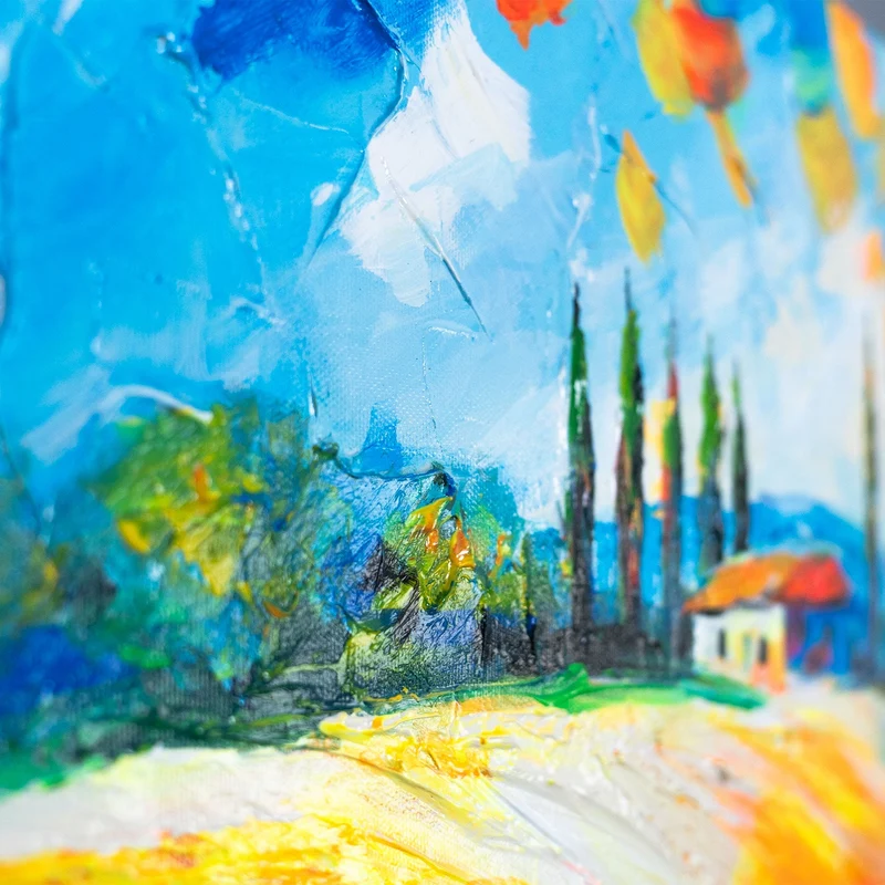 Moderne Wanddeko Landschaft – Acrylgemälde handgemalt "Blühende Felder" 115x50cm