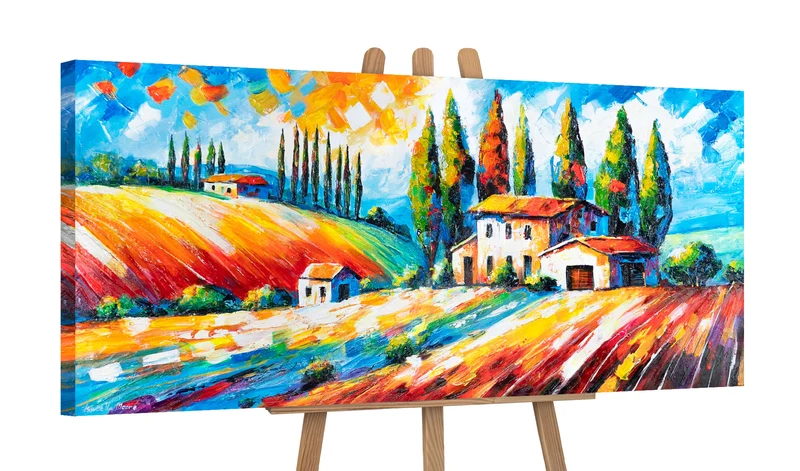 Moderne Wanddeko Landschaft – Acrylgemälde handgemalt "Blühende Felder" 115x50cm