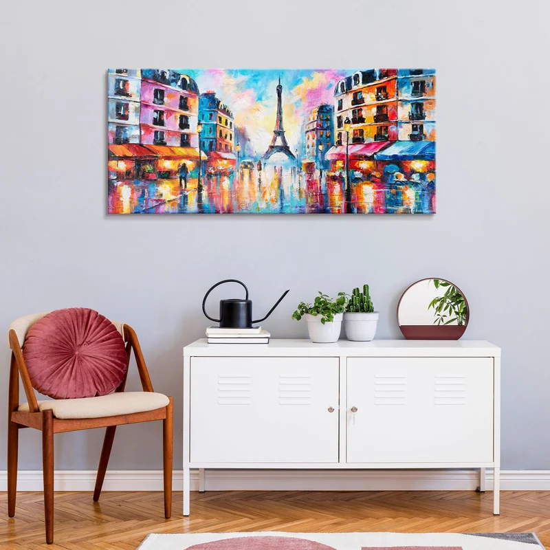 Handgemaltes Acrylbild Stadt bei Nacht – Moderne Wandkunst "Pariser Lichter" 115x50cm
