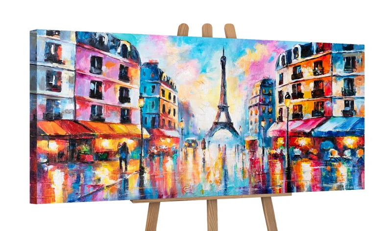 Handgemaltes Acrylbild Stadt bei Nacht – Moderne Wandkunst "Pariser Lichter" 115x50cm