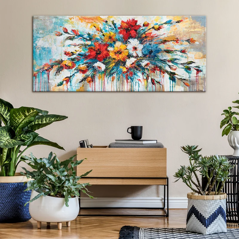 Gemälde Acrylmalerei mit Blumen auf Leinwand "Florale Inspiration" 115x50cm