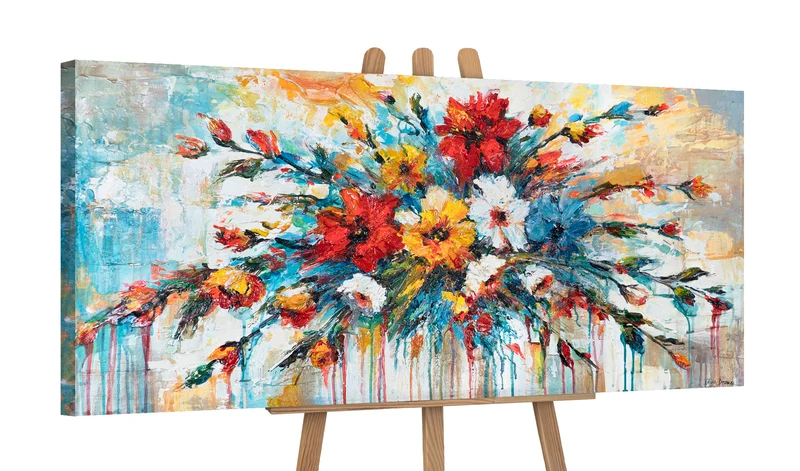 Gemälde Acrylmalerei mit Blumen auf Leinwand "Florale Inspiration" 115x50cm