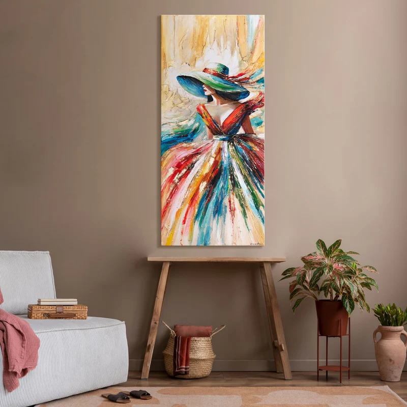 Handgemaltes Acrylbild Frau mit Hut – elegante Wanddeko "Strahlende Schönheit" 115x50cm