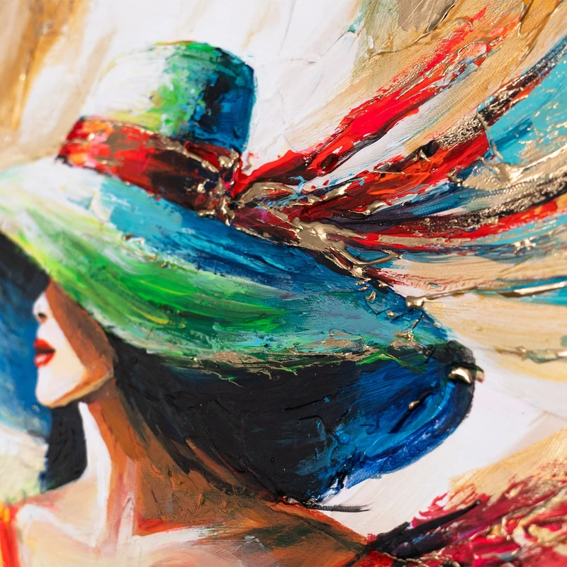Handgemaltes Acrylbild Frau mit Hut – elegante Wanddeko "Strahlende Schönheit" 115x50cm