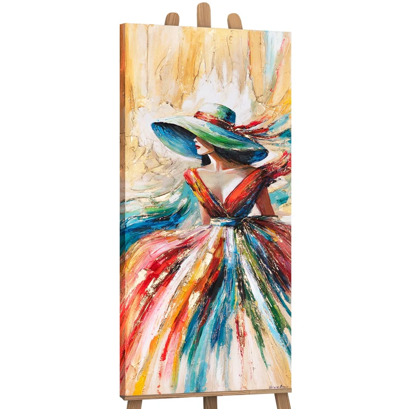 Handgemaltes Acrylbild Frau mit Hut – elegante Wanddeko "Strahlende Schönheit" 115x50cm