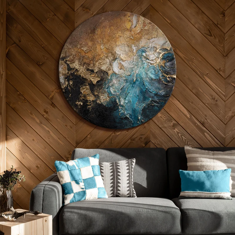 Runde abstrakte Acrylmalerei in Gold-Blau – Kunstwerk "Der Schimmer der Ewigkeit"