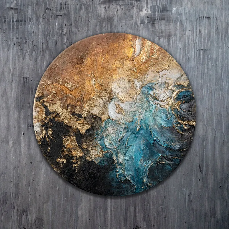 Runde abstrakte Acrylmalerei in Gold-Blau – Kunstwerk "Der Schimmer der Ewigkeit"