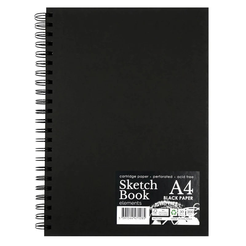 Elements - Wire-O Black Paper Sketch Book 200gsm Portrait A4