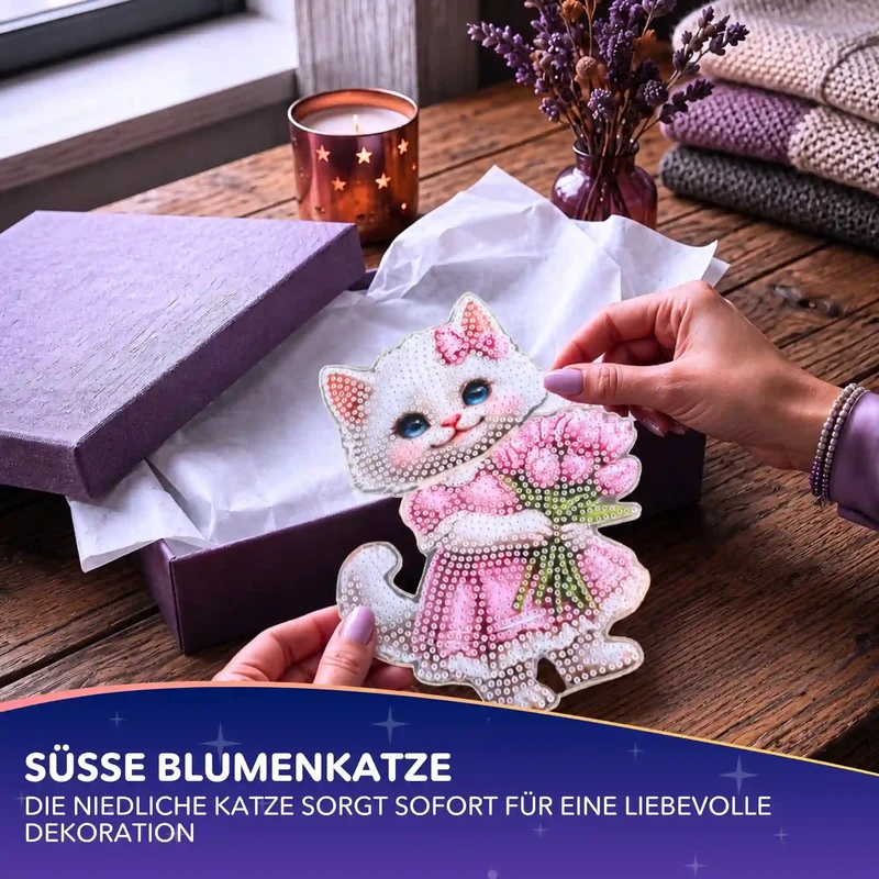 Diamond Painting - Aufsteller Wackelkatze mit Blumenstrauß