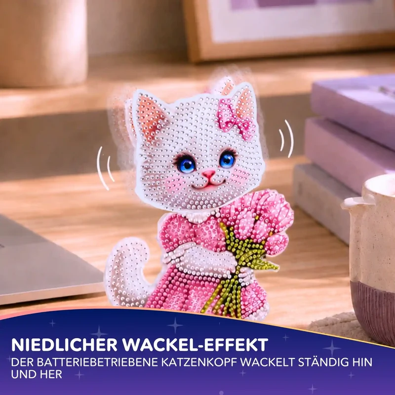 Diamond Painting - Aufsteller Wackelkatze mit Blumenstrauß