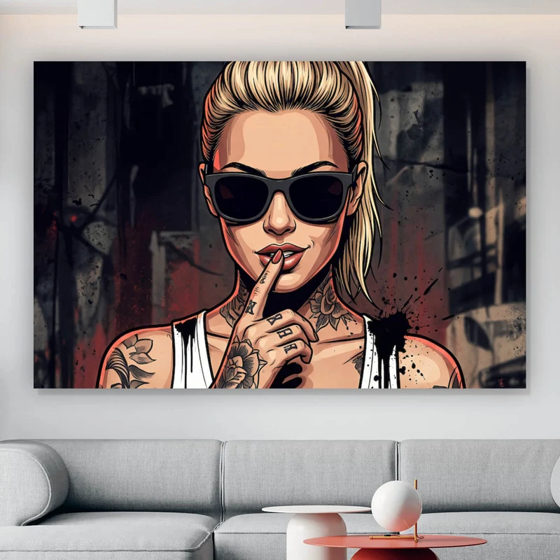 Acrylglasbild Stilvolle tätowierte Frau mit Sonnenbrille Querformat