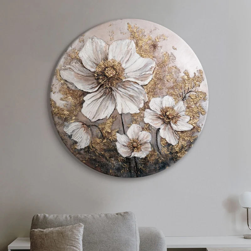 Rundes Florale Acrylbild Wandkunst in Gold-Beige "Das Glühen der Knospen"