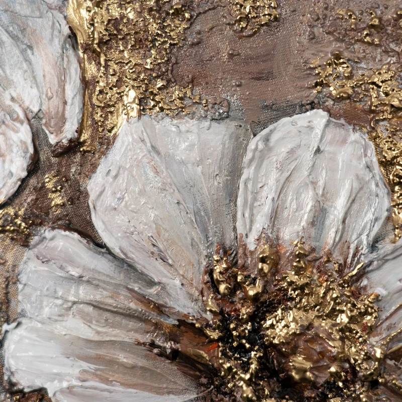 Rundes Florale Acrylbild Wandkunst in Gold-Beige "Das Glühen der Knospen"