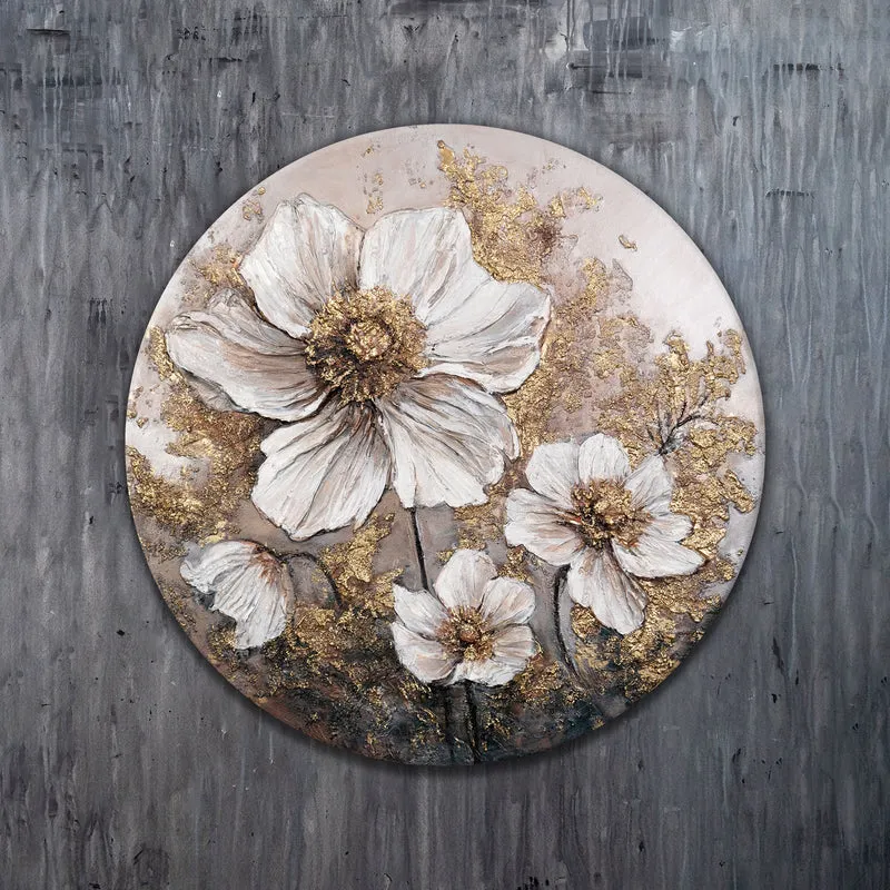 Rundes Florale Acrylbild Wandkunst in Gold-Beige "Das Glühen der Knospen"