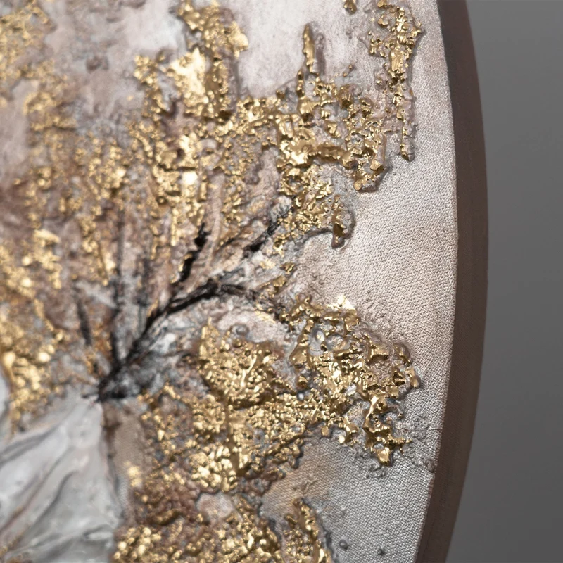 Rundes Florale Acrylbild Wandkunst in Gold-Beige "Das Glühen der Knospen"