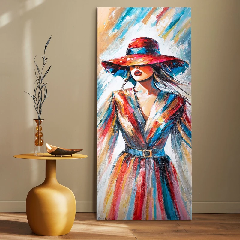 Handgemaltes Acrylbild "Dame mit Hut" – Moderne Wandkunst auf Leinwand 115x50cm