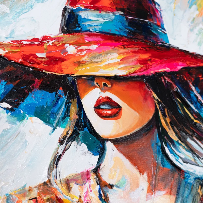 Handgemaltes Acrylbild "Dame mit Hut" – Moderne Wandkunst auf Leinwand 115x50cm