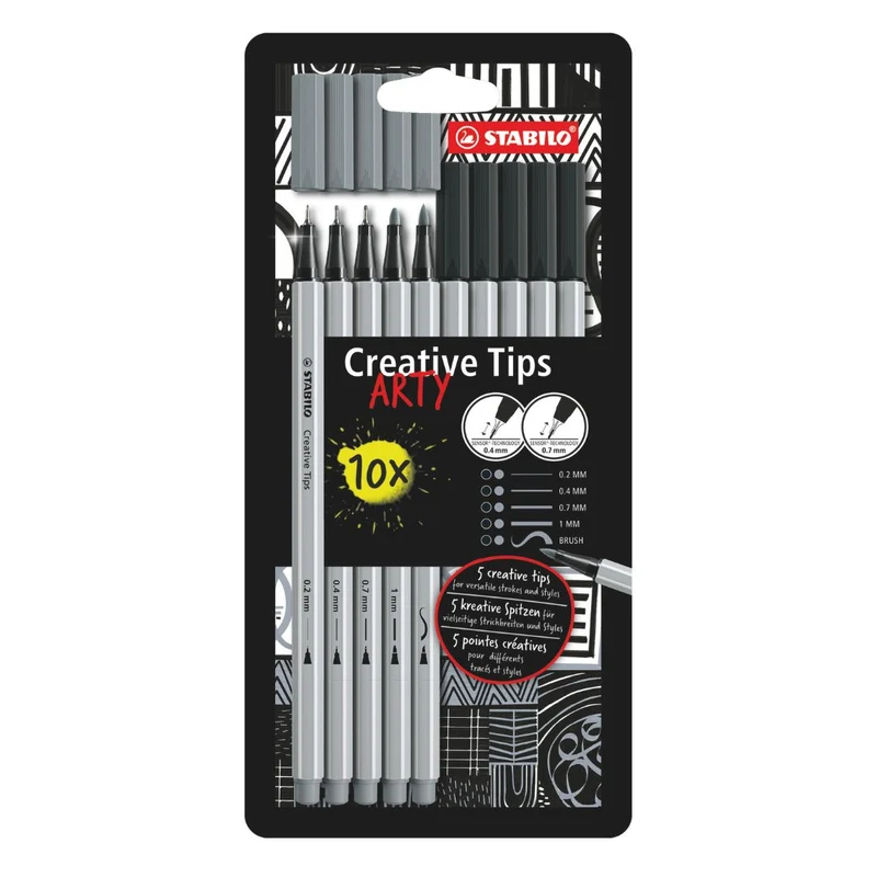 Stabilo - Creative Tips Arty - Black And Grey - 5x Tip Sizes - Wallet of 10