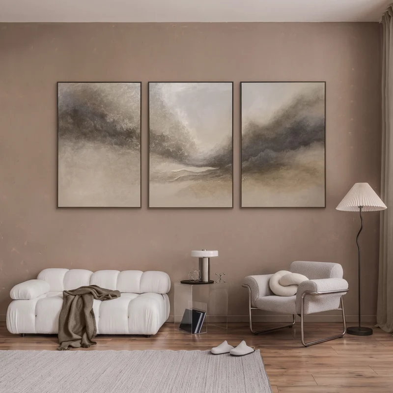 Abstraktes Acrylbild „Nebliger Morgen“ – Elegante Acrylgemälde in Beige & Grau