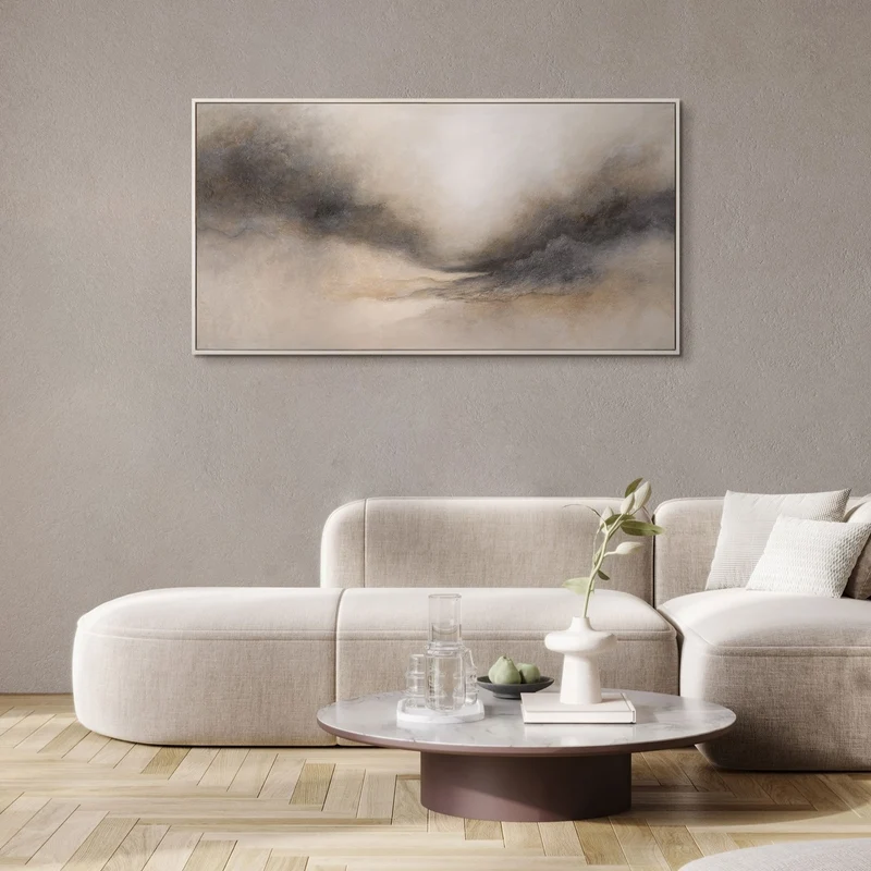 Abstraktes Acrylbild „Nebliger Morgen“ – Elegante Acrylgemälde in Beige & Grau