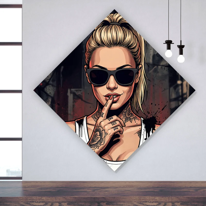 Acrylglasbild Stilvolle tätowierte Frau mit Sonnenbrille Raute