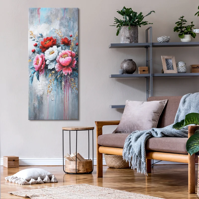 Abstraktes Blumenbild auf Leinwand – Acrylgemälde "Blühende Pfingstrosen" 115x50cm