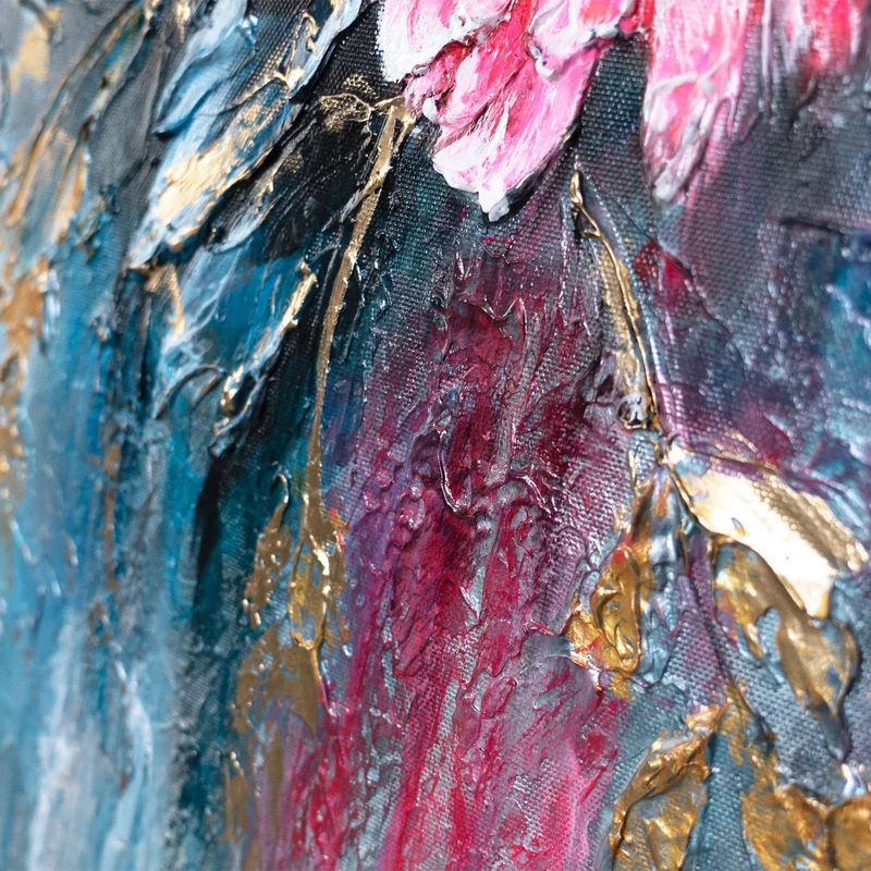 Abstraktes Blumenbild auf Leinwand – Acrylgemälde "Blühende Pfingstrosen" 115x50cm